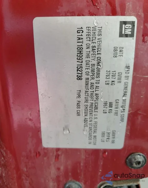 2009 Chevrolet Cobalt Lt z USA, uszkodzony, nr VIN 1G1AT18H997152738